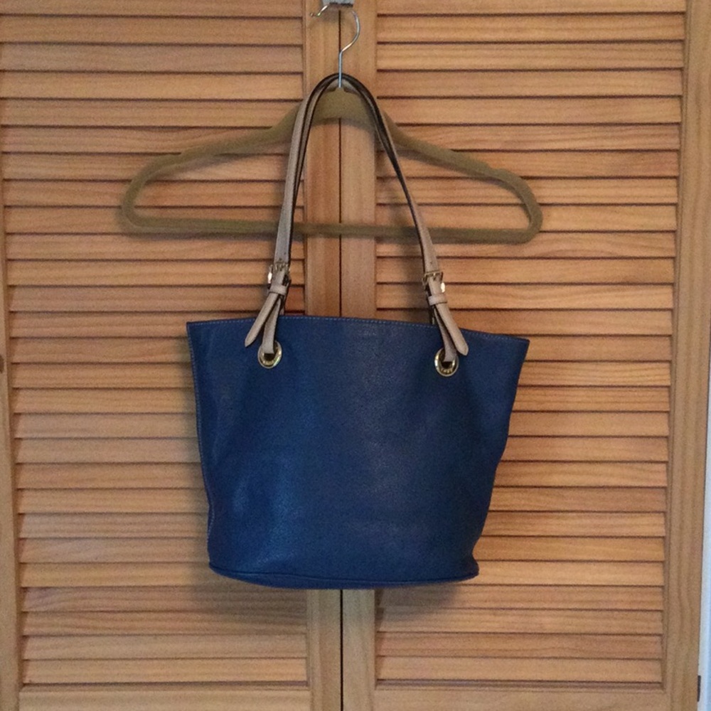 Classic Blue and Tan Tote Bag with Structured Design